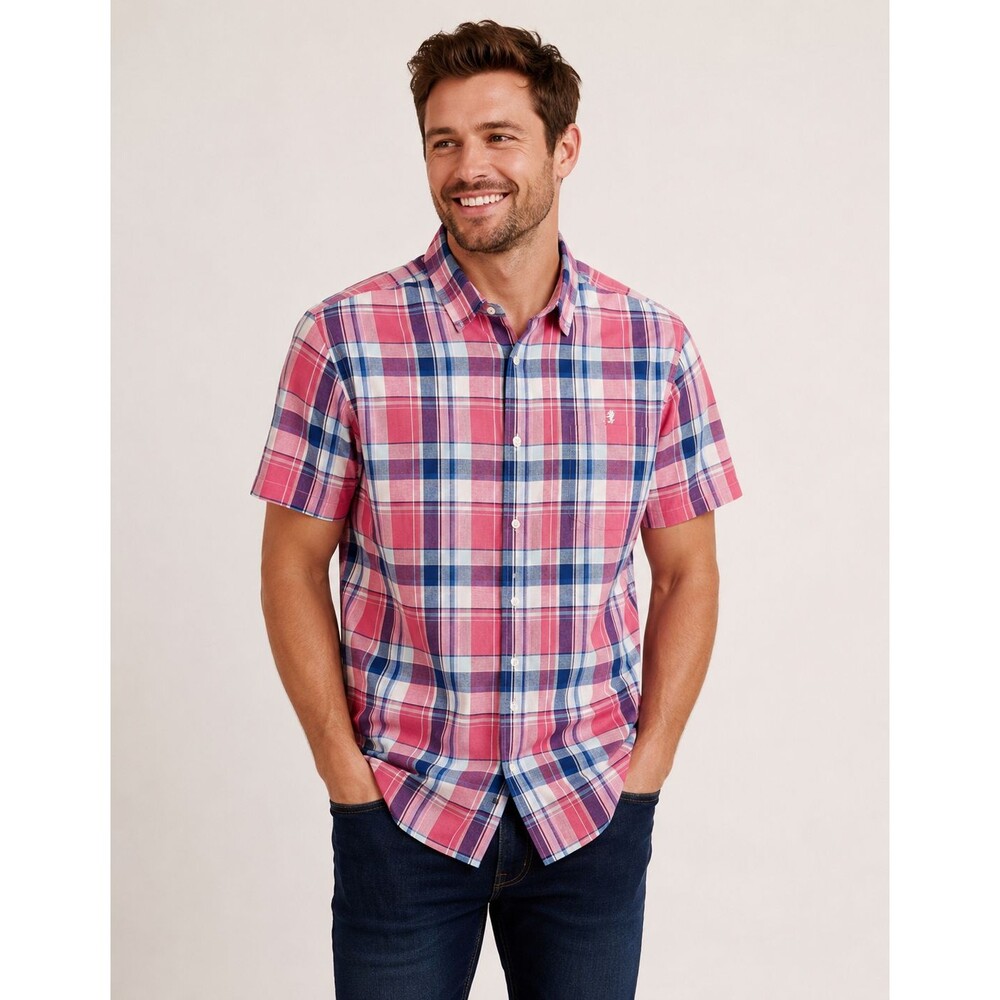 IZOD Dockside Plaid Button Up Linen Blend Medium NWT Pink Blue Coastal